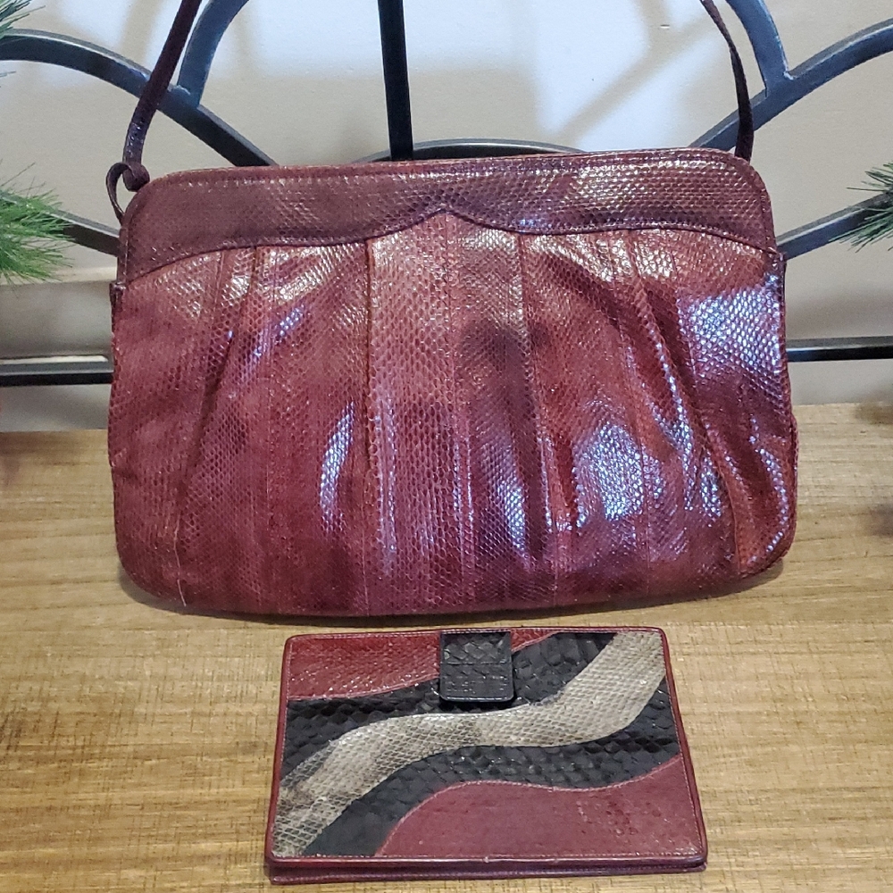 Vtg Barbara Bolan Maroon Snake Skin Clutch w/ Oscar De La Renta Snakeskin Wallet